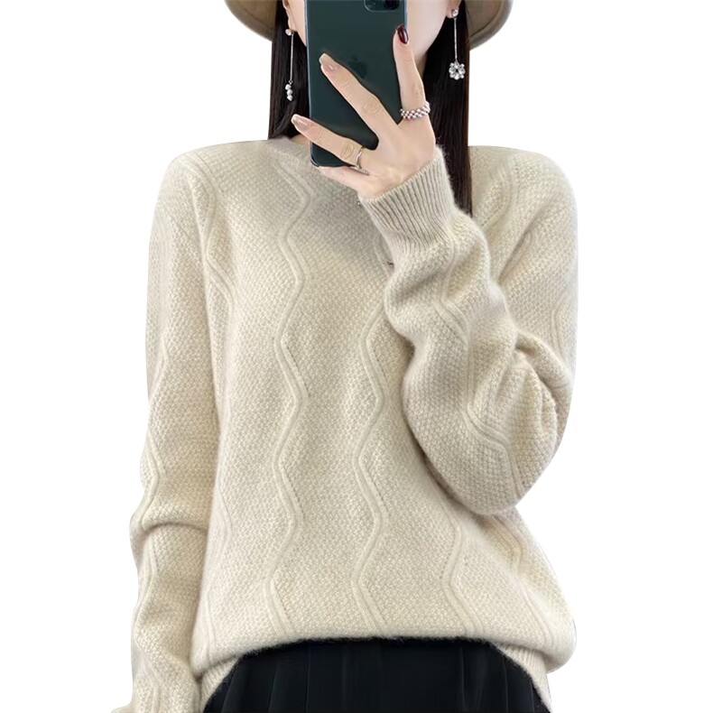 加厚半高领100%纯羊毛衫女扭花长袖针织毛衣宽松慵懒羊绒衫打底衫,针织衫/毛衣,萱芳婷羊绒