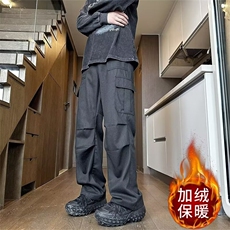 美式工装裤男潮日系宽松褶皱工装裤痞帅加绒直筒长裤子MK179P47，男装工装外套，星座1013-5