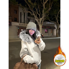 480G重磅加绒硬挺boxy秋冬美式高街超大毛领座山雕连帽卫衣厚外套，女装短外套，电商A486