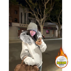 480G重磅加绒硬挺boxy秋冬美式高街超大毛领座山雕连帽卫衣厚外套图片