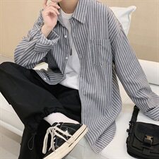 秋季新款港风休闲宽松衬衣外穿条纹百搭长袖衬衫男CS23/，男装衬衫，电商D202