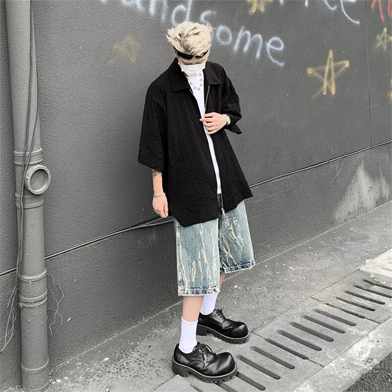 褶皱纹理解构拉链翻领黑色cleanfit短袖衬衫男高级感休闲上衣男潮图片