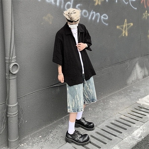 褶皱纹理解构拉链翻领黑色cleanfit短袖衬衫男高级感休闲上衣男潮图片