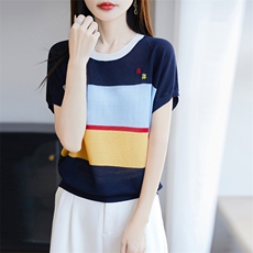 拼色圆领莱赛尔天丝针织短袖T恤女夏季刺绣薄款上衣宽松打底半袖，女装针织衫/毛衣，唐诺