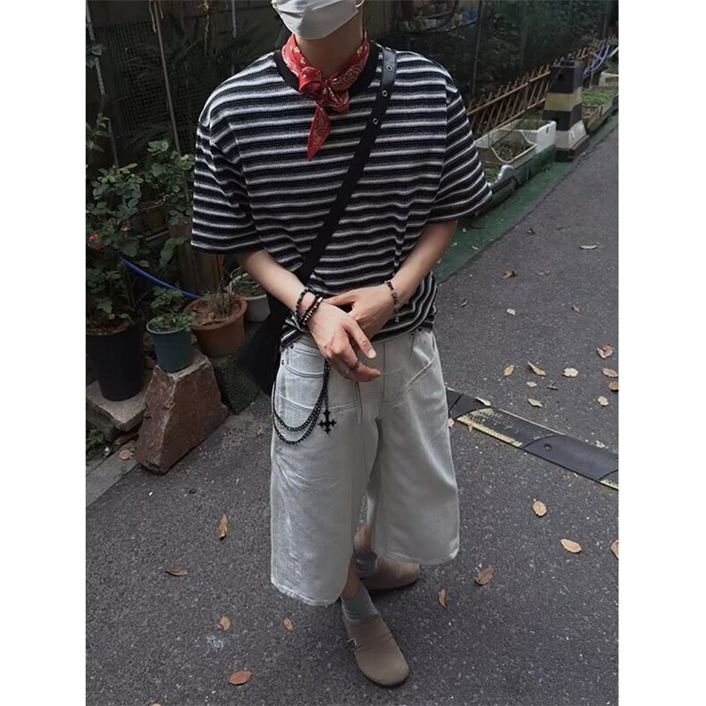 黑白条纹纯棉短袖t恤男女2025夏季度假穿搭新款冰丝正肩情侣半袖,男装T恤,星座506A