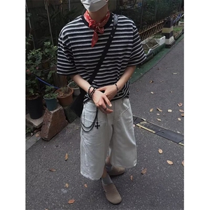 黑白条纹纯棉短袖t恤男女2025夏季度假穿搭新款冰丝正肩情侣半袖图片