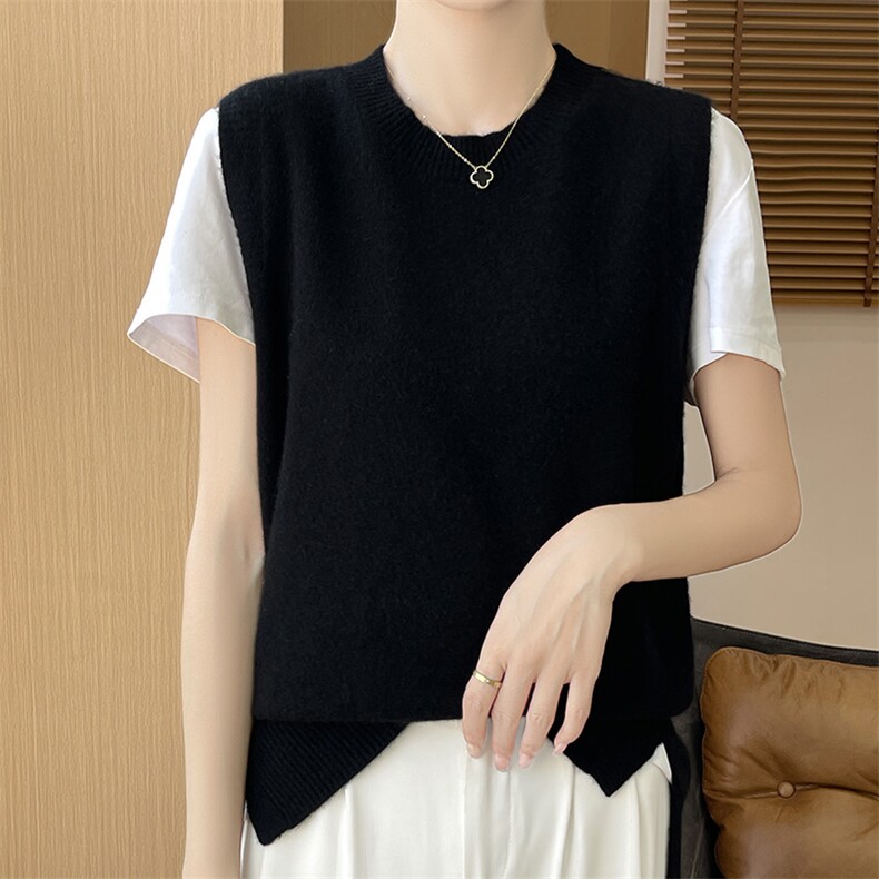 羊毛针织马甲女背心秋冬新款叠穿马夹圆领开叉无袖毛衣坎肩，女装马甲，越洋羊