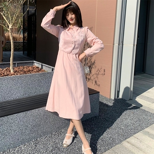 现货2024年春季女新甜美时尚复古印花修身显瘦网红假两件连衣裙图片