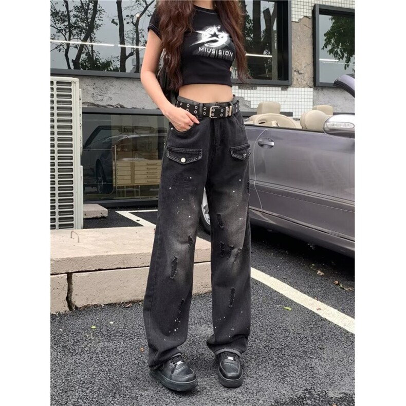 美式高街牛仔裤男女韩版潮流痞帅破洞2024秋冬ins长裤RK2216-P55,男装牛仔裤,星座412-3
