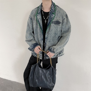 手工钉珠装饰西装领牛仔外套男韩系宽松廓形夹克JK009P138图片