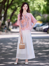 休闲印花棉麻套装女2025夏季新款宽松遮肉显瘦坠感阔腿裤两件套潮，女装套装/套裙，魅影