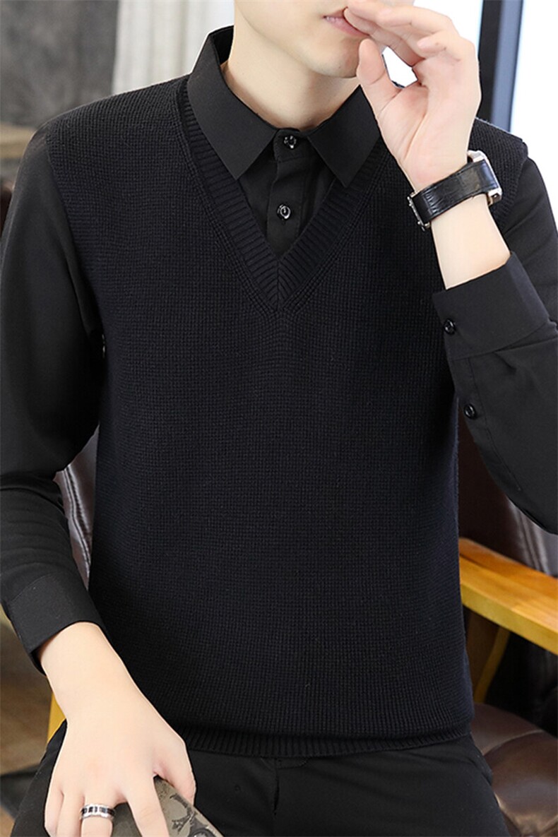 84917-P65秋冬新款休闲衬衫领毛衣男长假两件袖针织衫,男装针织衫/毛衣,电商D310B