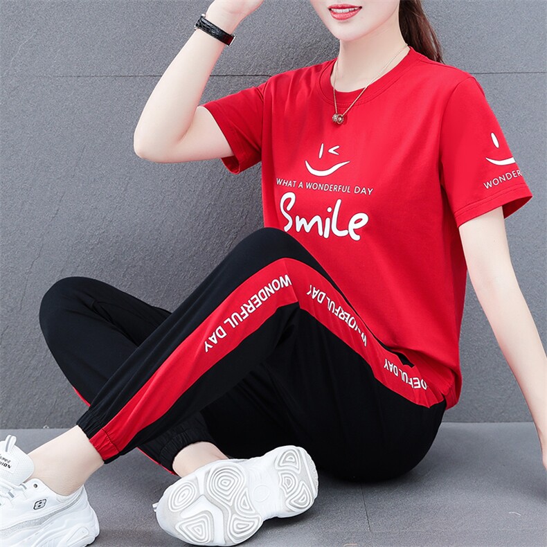 燕颉短袖时尚套装女式夏季2023年纯棉休闲晨跑运动服宽松两件套,女装运动套装,燕颉服饰