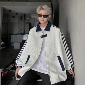 抖音得物品质秋冬美式高街重磅结构拼接织带翻领卫衣夹克外套W113