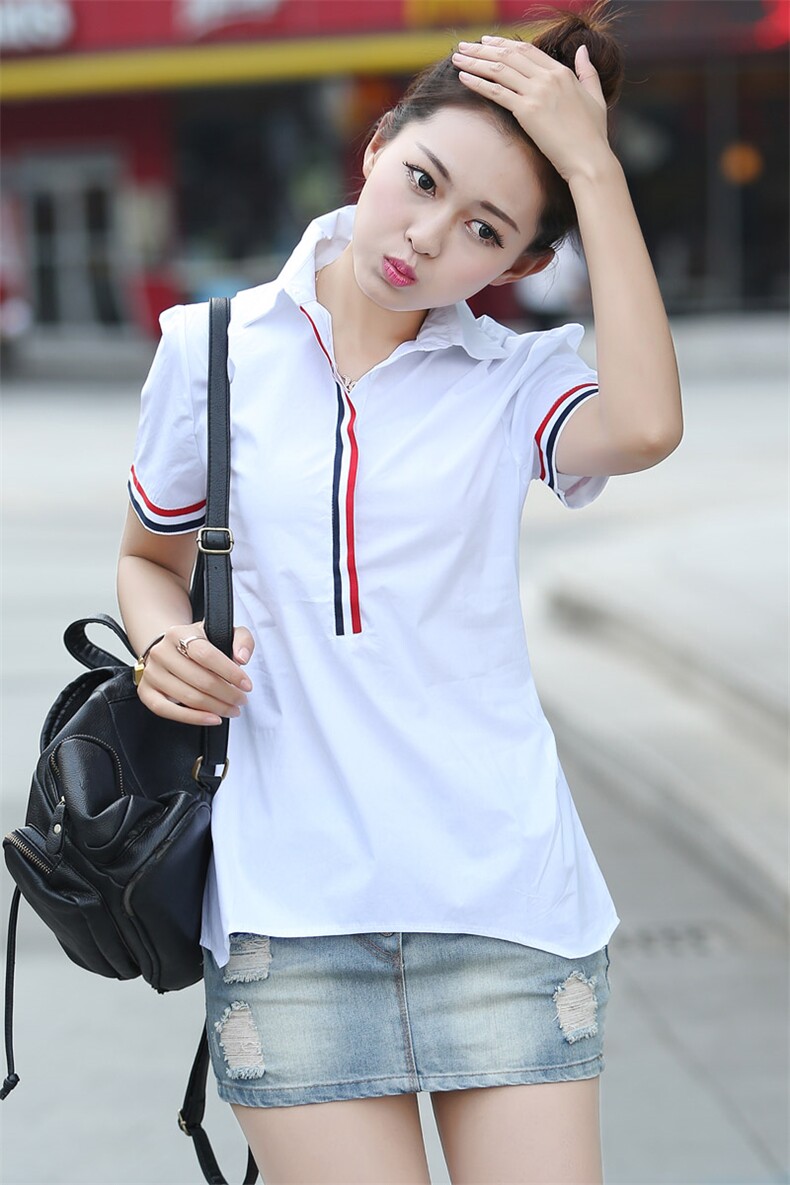 短袖纯色POLO领修身直筒2025年夏季纯色短款中长款休闲衬衫,女装衬衫,风姿绰