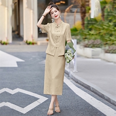 新中式国风职业套装裙子夏季新款气质提花盘扣西装包臀裙两件套女，女装套装/套裙，火爆靓佳人