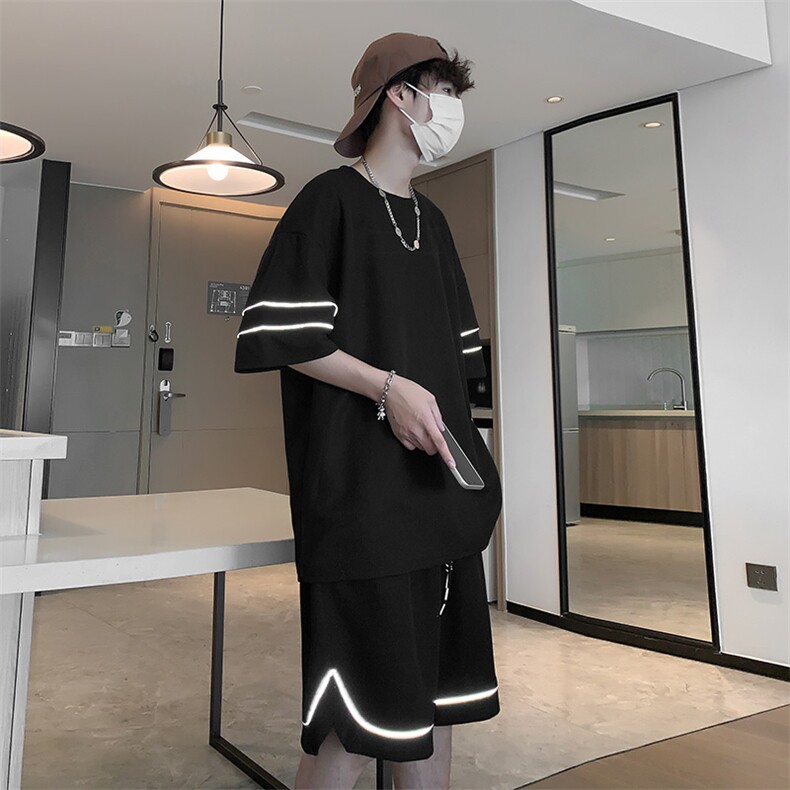 DXYK6-P55港风华夫格反光条纹短袖两件套套装T恤五分裤短裤男，男装休闲套装，星座1204-3