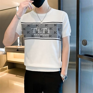 针织衫男短袖t恤圆领修身时尚胸前拼接印花字母打底衫 T3345图片