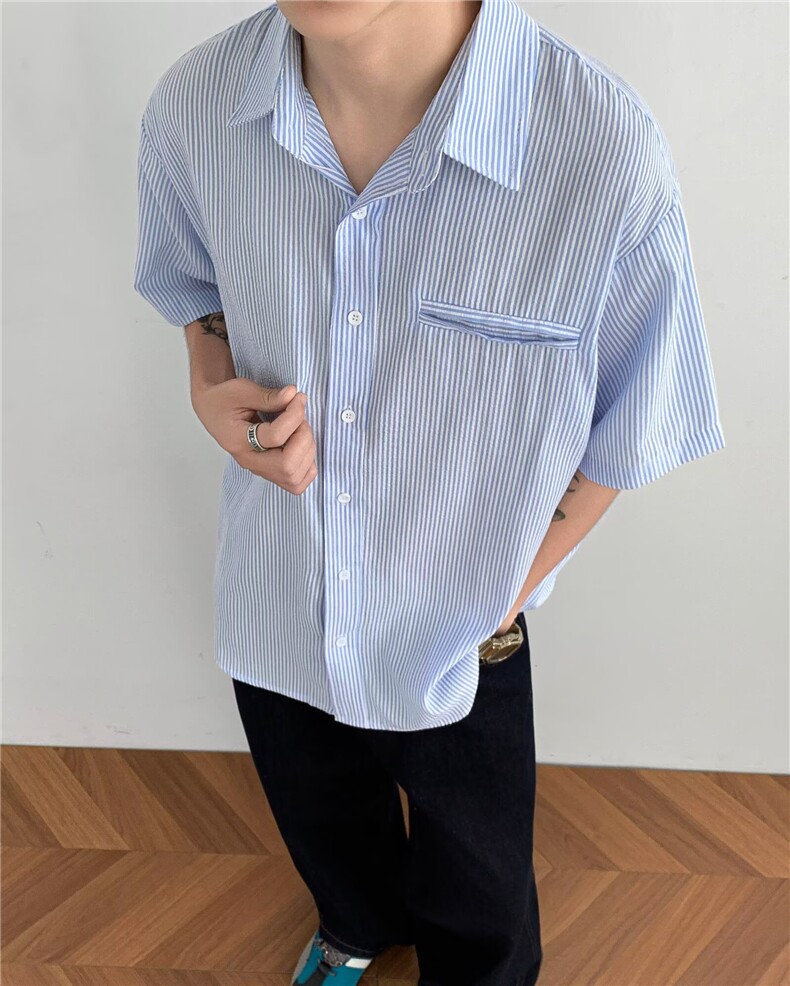 夏季简约设计商务纯色蓝色条纹短袖衬衫上班休闲衬衣男,男装T恤,四季星座505