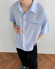 夏季简约设计商务纯色蓝色条纹短袖衬衫上班休闲衬衣男，男装T恤，四季星座505