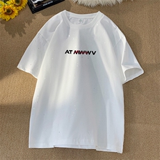 可48小时发货支持抖音得物来样二开美式满天星亮片短袖T恤MTX656，男装T恤，电商A486-1
