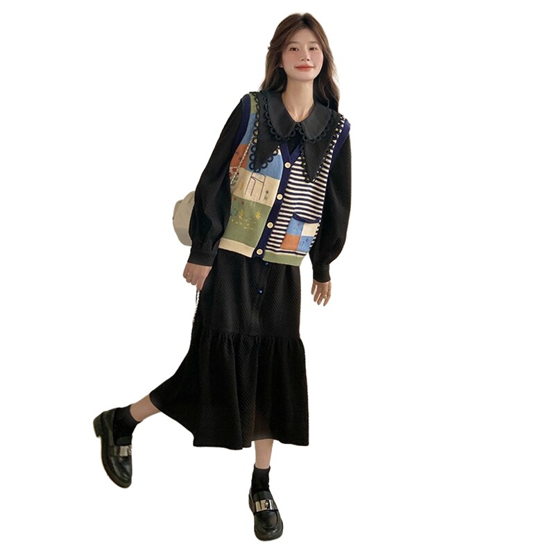 黑色针织马甲连衣裙套装女秋季2025新款学院风娃娃领衬衫裙两件套,女装套装/套裙,2C057
