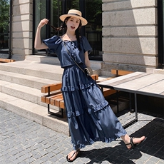 蓝色两件套牛仔连衣裙女夏流行网红爆款炸街套装裙洋气时尚长裙，女装套装/套裙，2C116
