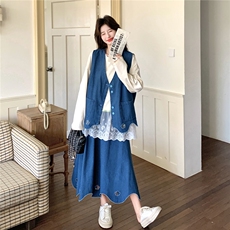 现货新款针织+牛仔马甲+半身裙三件套2C056-7203-P195控318，女装套装/套裙，2C056