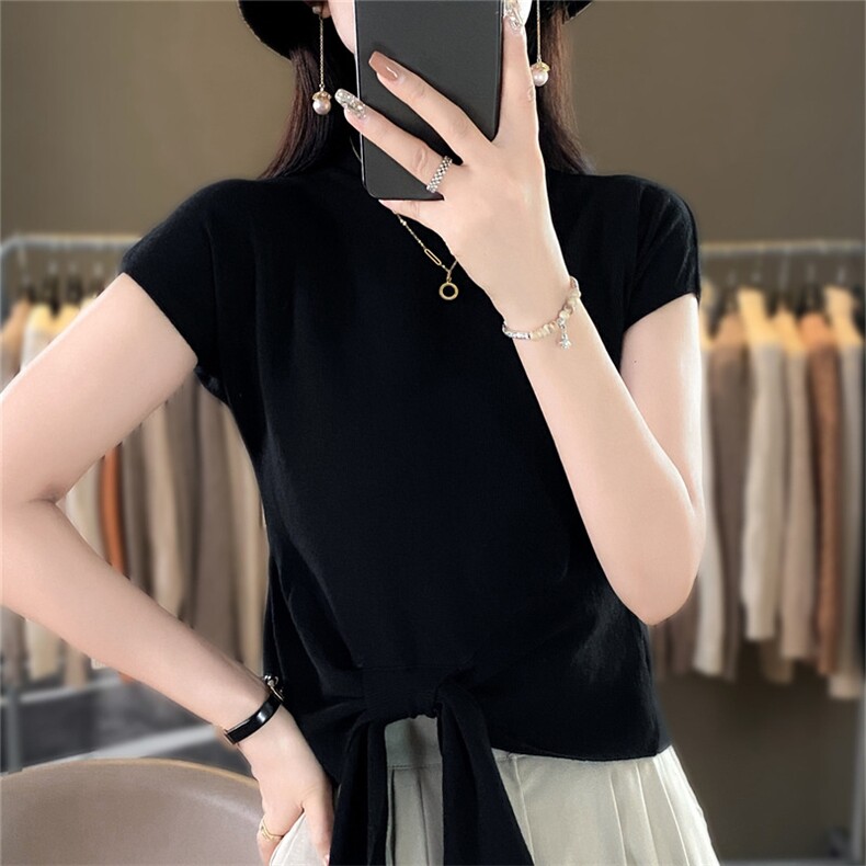 半高领系带蝴蝶结针织衫女夏季大码微胖妹妹薄款气质温柔显瘦上衣,针织衫/毛衣,暖姿羊绒