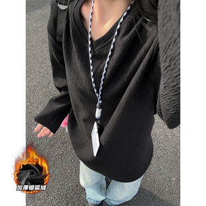 港风银狐绒男450g重磅肌理感宽松长袖T恤T24509J加绒-特P33控65图片