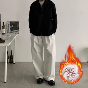 白色阔腿加绒牛仔裤男女秋季2025年新款时尚垂感百搭高腰拖地裤子图片