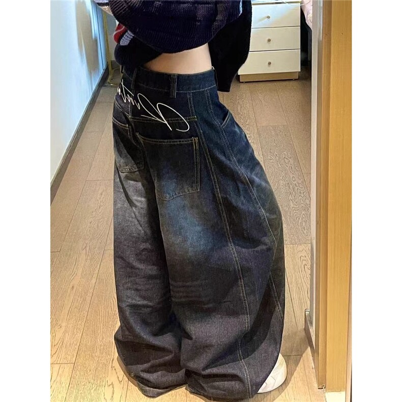 弯刀设计感水洗深蓝色牛仔裤女美式复古高街拖地直筒阔腿宽松裤子,男装牛仔裤,星座1210-1