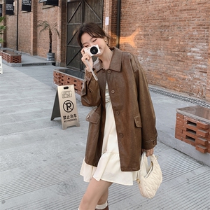 皮衣外套女中长款2025年春秋新款韩版宽松大码休闲机车服夹克上衣图片