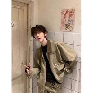 卡其色短款工装外套美式复古水洗翻领底特律夹克 JK7013 特P76图片