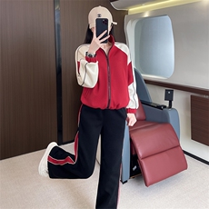 设计感拼接红色上衣时尚阔腿裤两件套，女装套装/套裙，江南