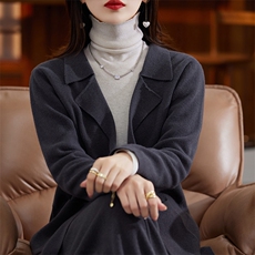 2024秋冬爆款时尚洋气中长款羊绒开衫女翻领毛衣宽松羊毛针织外套，女装羊毛衫，蒙莲贝斯
