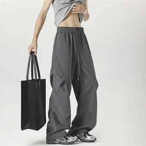 美式降落伞兵裤子男生春秋季褶皱拼接阔腿裤潮牌宽松直筒运动长裤图片