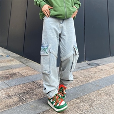 高街直筒宽松美式hiphop裤子复古水洗浅色vibe风牛仔裤K3792-P55，男装牛仔裤，星座512-3
