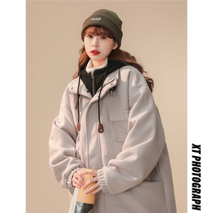 EQ158 冬季新款港风休闲美式毛呢假两件连帽棉服外套情侣棉衣P145图片