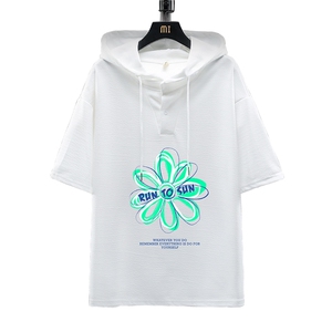 LD54170-P45 连帽短袖t恤男大码胖子带帽五分袖中袖 展架图片
