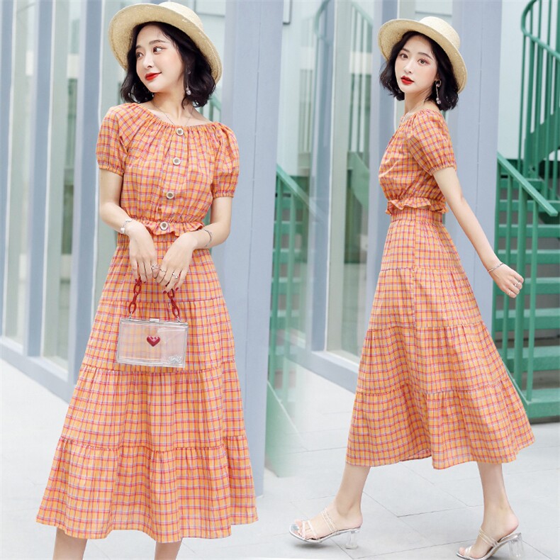 2021夏季时尚潮流套装格子半身裙+短袖两件套，女装套装/套裙，悠米