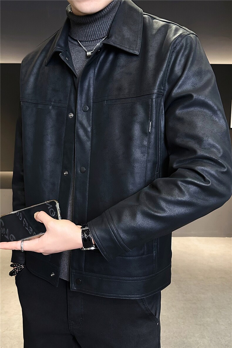 加绒加厚男士外套秋冬季2025新款翻领皮衣皮夹克A313-9958-P145,男装夹克,电商A313