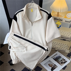 套装男士韩版潮流衬衫拼色2024夏季新款ins两件套五分裤W5825-P55图片