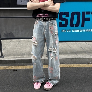 牡丹提花牛仔裤男小众设计感水洗蓝裤子休闲直筒微喇裤N04126-P50图片