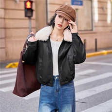 高级感皮面棉服女2025冬季新款保暖毛领羽绒棉PU皮衣短外套上衣，女装皮衣，江南女神