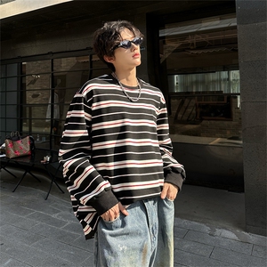 全棉重磅设计感条纹小众长袖T恤男秋季宽松卫衣男A210A-WY05-P48图片