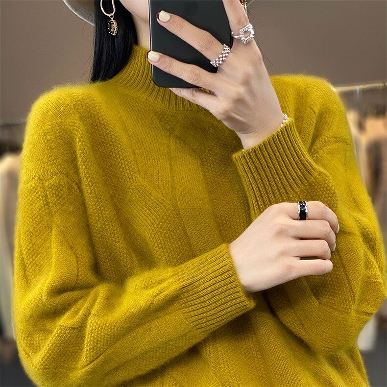 中长款半高领100%羊毛衫女扭花针织毛衣连衣裙宽松羊绒衫过膝长裙,女装羊毛衫,吉高羊绒