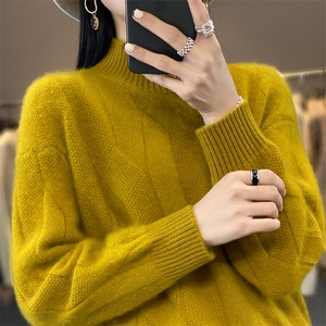 中长款半高领100%羊毛衫女扭花针织毛衣连衣裙宽松羊绒衫过膝长裙图片