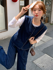 韩系蓝色小香风牛仔套装女2025春季新款时尚休闲马甲阔腿裤两件套，女装套装/套裙，浙宝305