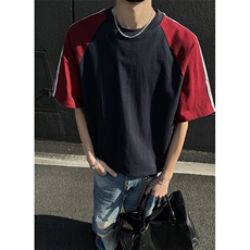 抖音得物二开品质240克宽松纯棉美式高街撞色织带短袖T恤YQ39，男装T恤，电商A486-1